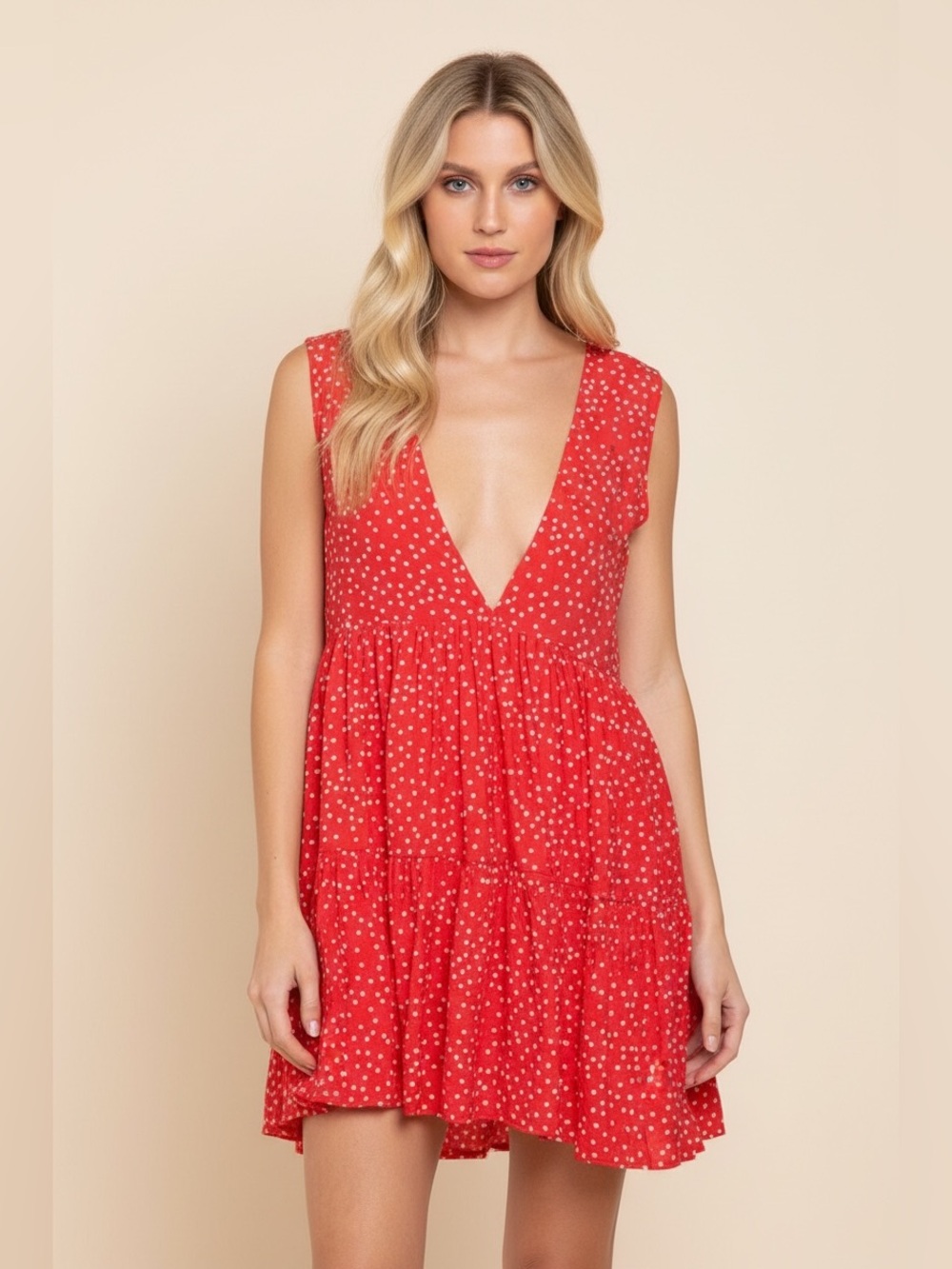NWOT POL Cherry on Top Polka Dot Dress Mini Plunge V Neck Open Back Flowy Large